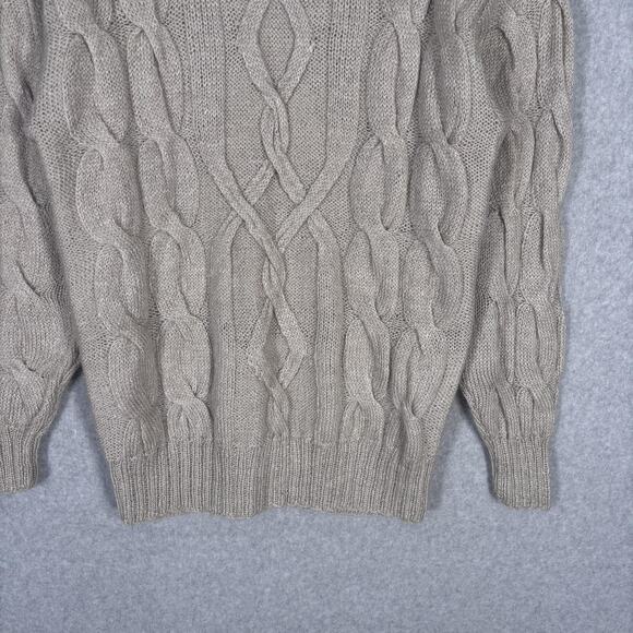 VTG 80s Sweater Medium Tan Cable Knit‎ Turtleneck Fisherman Mohair Wool Neutral - Picture 3 of 10